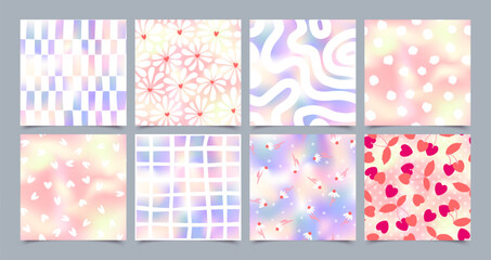 Cute holographic foil hand drawn heart seamless pattern set. Vector love hearts, flowers, cherry print on gradient background. Abstract minimal design collection for Valentines wallpaper, decor, cover