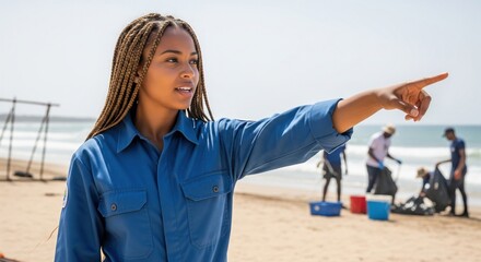 Young female volunteer leading a team of activists during a beach cleanup for conservation
