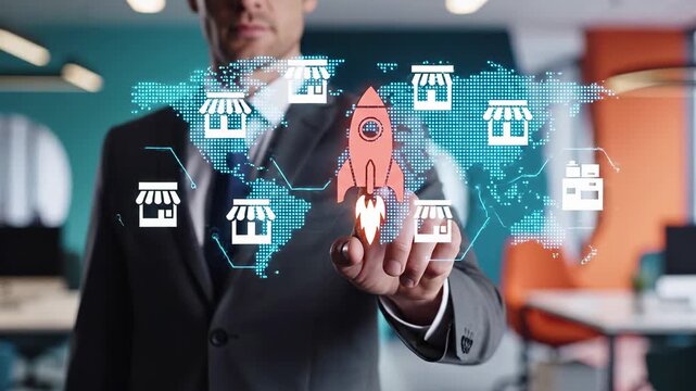 Business professional touching virtual rocket surrounded by store franchise icons and world map. Digital interface represents expansion, startup launch, global retail network growth