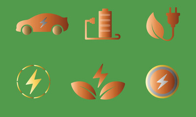 Electric Vehicle and Renewable Energy Gradient Icons Set with Battery, Charging Station, Leaf Plug and Lightning Symbols