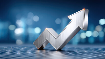 Silver arrow chart showing e commerce growth and upward trend with metallic texture and blue