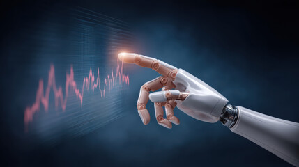Robotic finger touching glowing e commerce data waveform futuristic interface connecting finance