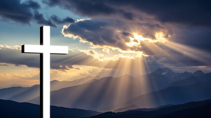 Majestic White Christian Cross Against Dramatic Sky with Golden Sun Rays Over Layered Mountains &acirc;&euro;&ldquo; Symbol of Hope, Faith, Spirituality and Divine Light