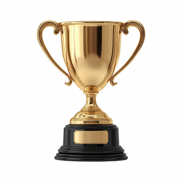 Gold trophy cup on a black pedestal with blank plaque isolated on transparent background.