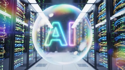Glowing ai sphere hologram with neon letters floats in datacenter corridor surrounded by illuminated server racks, cables, and blinking lights. Artificial intelligence technology concept represents - Powered by Adobe
