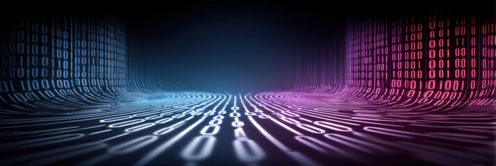 Digital abstract data tunnel for e commerce future technology scene with glowing binary code