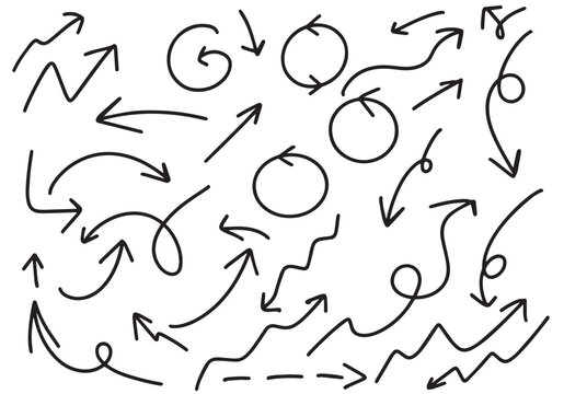A collection of various thin black vector doodle arrows in hand-drawn style, including curved, swirling, zigzag, and circular shapes, perfect for highlighting, pointing, or decorating graphics.