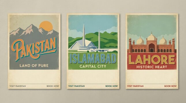 retro travel pakistan poster set with three coordinated designs
