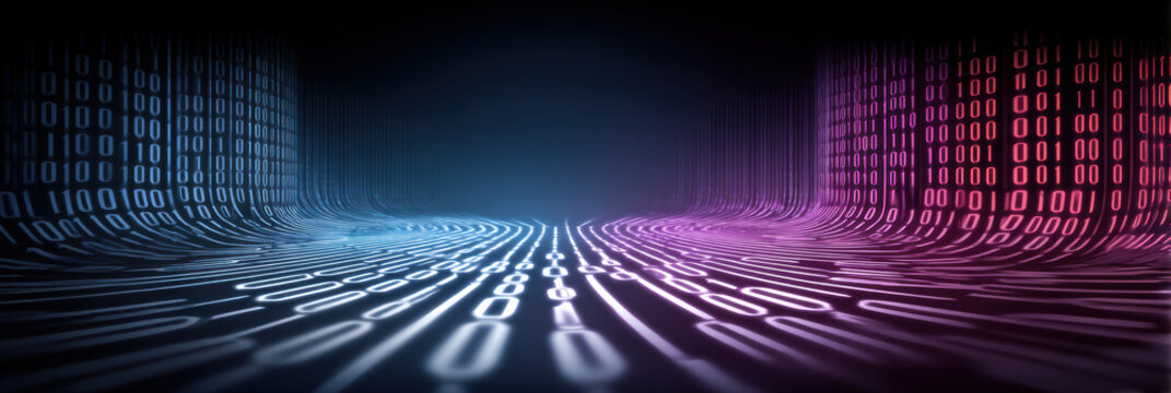Digital abstract data tunnel for e commerce future technology scene with glowing binary code - Powered by Adobe