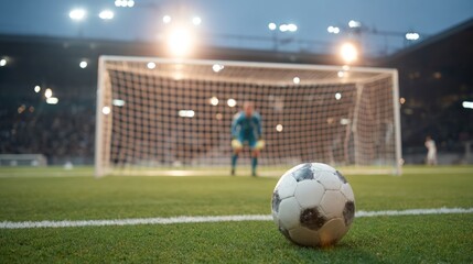 Football penalty kick scene with a close-up of the ball and goalkeeper in the background, illuminated by stadium floodlights, capturing intense sports action