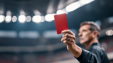 Referee shows large red card in extreme close-up, emphasizing authority in football match, with blurred stadium lights creating dynamic atmosphere