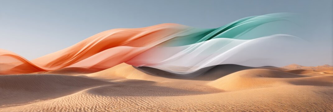 Soft Bokeh Desert Scene With Abstract UAE Flag Waves and Clear Typography Space in the Background During Daytime