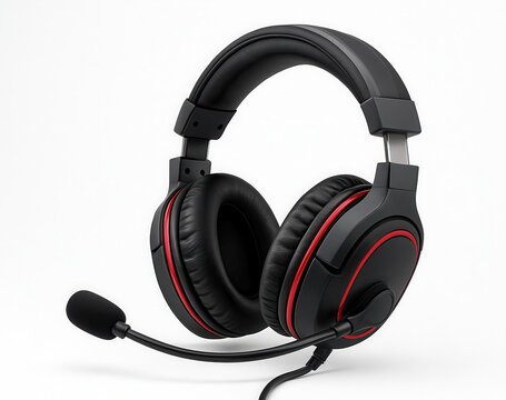 Cuffie gaming nere con microfono e dettagli rossi su sfondo bianco. Generative AI