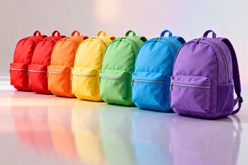 A vibrant display of colorful backpacks lined up in a rainbow spectrum on a reflective surface