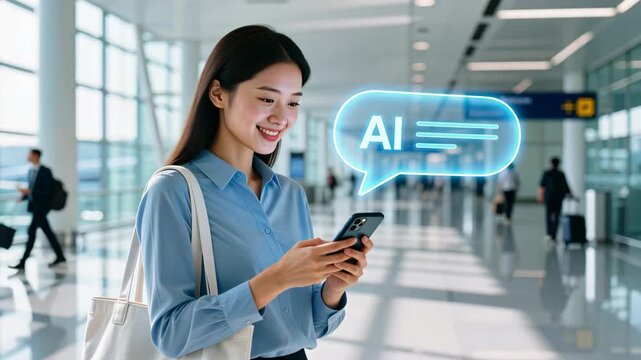 A woman in bright airport using holographic blue chat screen on phone, friendly chatbot for travel assistance