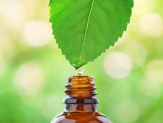 Vibrant Green Leaf with Dew Drop on Amber Essential Oil Bottle.