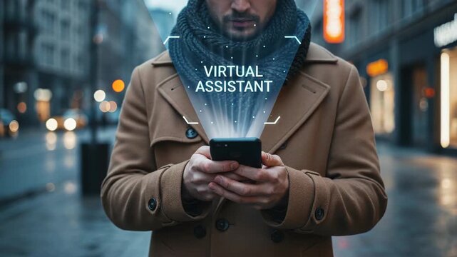 A man using a smartphone on city street viewing blue holographic virtual assistant, urban chatbot for travel assistance display