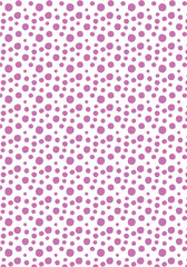 A playful seamless vector pattern featuring randomly scattered, uneven magenta dots of various sizes on a clean white background, designed in a charming hand-drawn, doodle style.