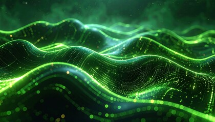 Abstract Green Digital Landscape: Glowing Lines and Particle Flow