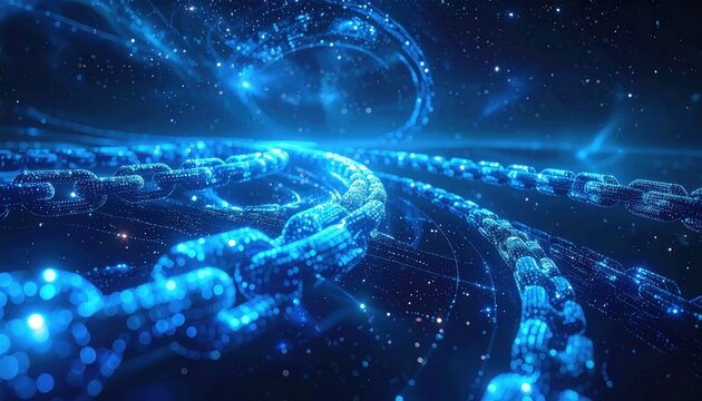 Futuristic Blockchain Concept: Glowing Digital Chains in Cosmic Blue Space - Powered by Adobe