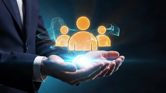 Business professional in suit holds holographic team icons with glowing globe overlay. Digital concept represents human resources management, global workforce networking, organizational leadership - Powered by Adobe