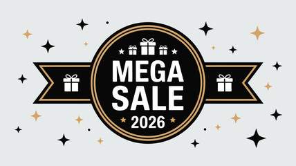 Mega sale banner with gifts and stars 2026
