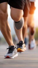 Fototapeta premium Group of people running on a road at sunset near mountains and water, focusing on energy and vitality in sports attire and shoes
