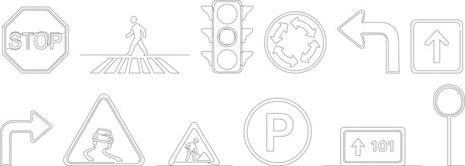 Line Art Road Signs and Traffic Signs Icon Set with Stop and Parking