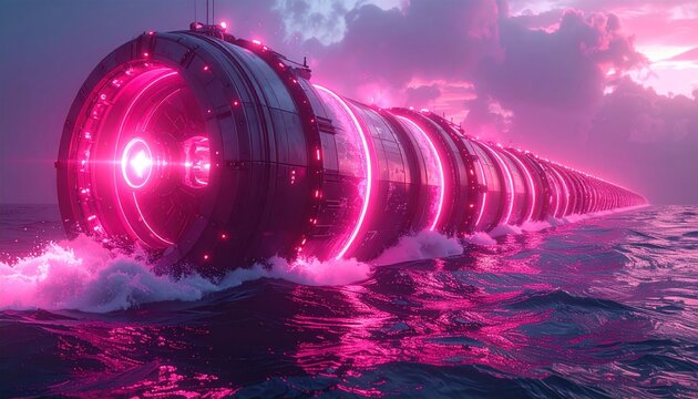 Futuristic Neon Tunnel Structure Traversing a Pink Ocean at Sunset - Powered by Adobe
