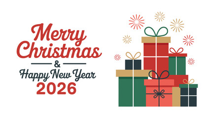 Merry Christmas and Happy New Year 2026 celebration with gifts