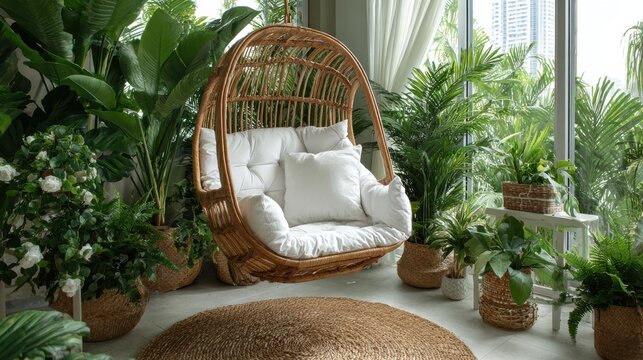 A hanging chair is placed in a bright room filled with green plants and natural light coming from large windows. The space has a cozy feel with white cushions