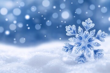 Close up of a large snowflake on fresh snow with blue blurred background. Winter weather concept for Christmas and New Year holiday card.