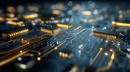Glowing microchip circuit board with abstract golden light trails.