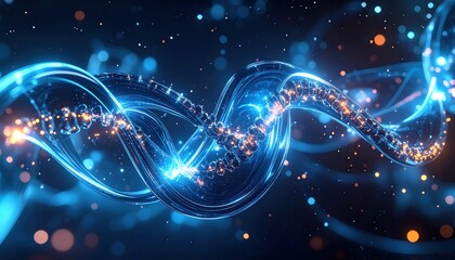 Luminous DNA Strand: Abstract Blue Helix with Glowing Particles and Bokeh