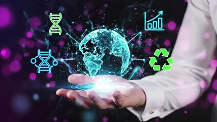 Professional holds holographic globe with floating biotechnology icons including dna strands, growth chart, and recycling symbol. Digital visualization represents global innovation in genetics - Powered by Adobe