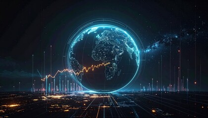 Global Data Visualization: Earth Globe, Financial Graph, and Cityscape