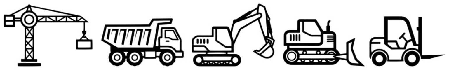 Set of heavy construction machinery icons including crane truck and excavator