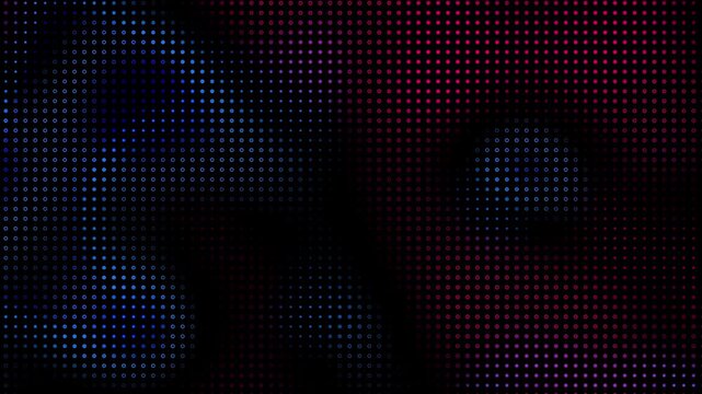 Hi tech motion graphic background, blue and red flickering dots on dark background Animated abstract random blue and red led