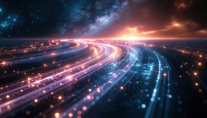 Fototapeta premium Streaking lights of data pathways and cosmic nebulae create vibrant abstract digital landscape