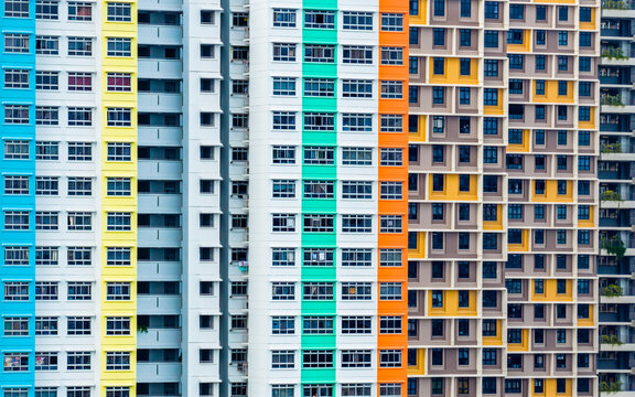 Aerial view of colorful Housing Development Board (HDB) flats at Lorong 6 Toa Payoh, Singapore, Singapore.