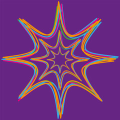 Rainbow star shape. Colorful dynamic outline. Abstract Vector burst. Purple background element.