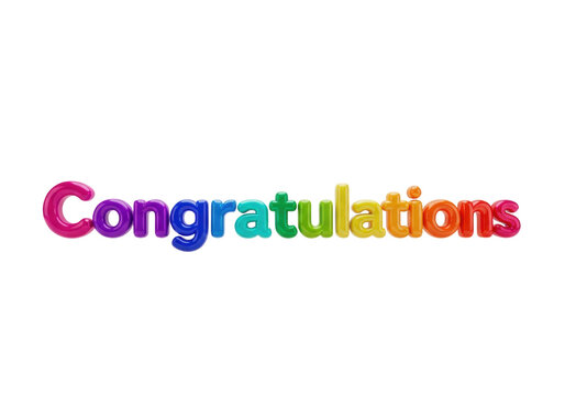 hyper-realistic 3d render of the volumetric, high-gloss word "congratulations" resembling inflated, colorful party balloons floating above a transparent studio background with confetti. Birthday