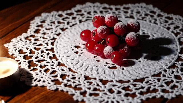 Closeup of sugardusted berries on lace doily with candlelight ambiance
