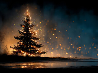 Christmas card with fir tree, AI art illustration. New Year