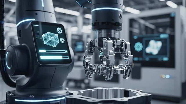 Industrial robotic arm assembles metal automotive components in modern smart factory with digital interface display. Advanced automation technology represents precision manufacturing, industry