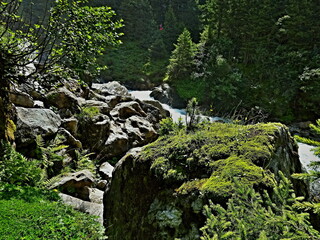 Austrian Alps - view of the stream below the Grawa waterfall in Stubai Alps near village Mutterberg
