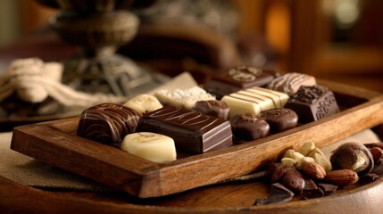 Assorted Gourmet Chocolate Selection on Wooden Tray with Nuts and Decorative Background in Warm Lighting