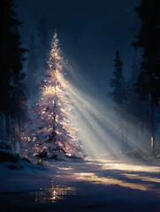 Christmas card with fir tree, AI art illustration. New Year