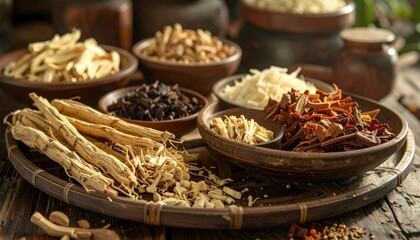 Fototapeta premium Traditional Chinese Medicine: Assorted Herbs and Roots in Rustic Bowls