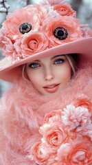 A woman wearing a pink hat and a pink coat with flowers on it. She has a smile on her face